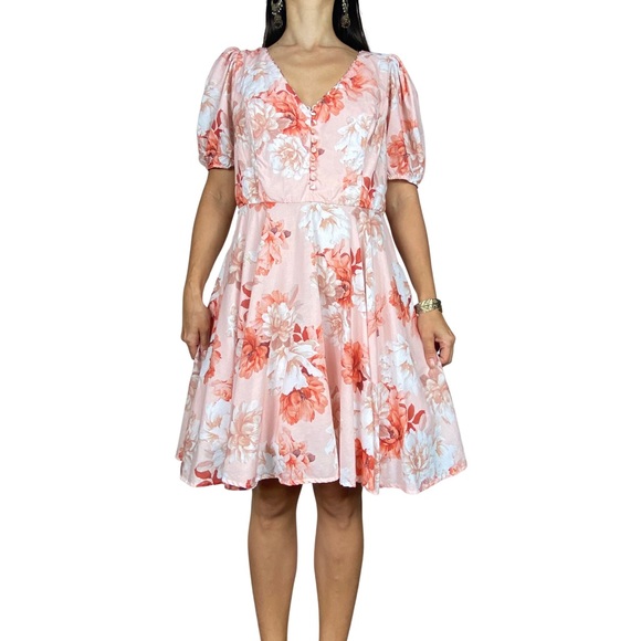 REVIEW 'Sweet Peach' Pink Floral Puff Sleeve Linen Blend Mini Dress Plus Size 16 - Picture 5 of 13